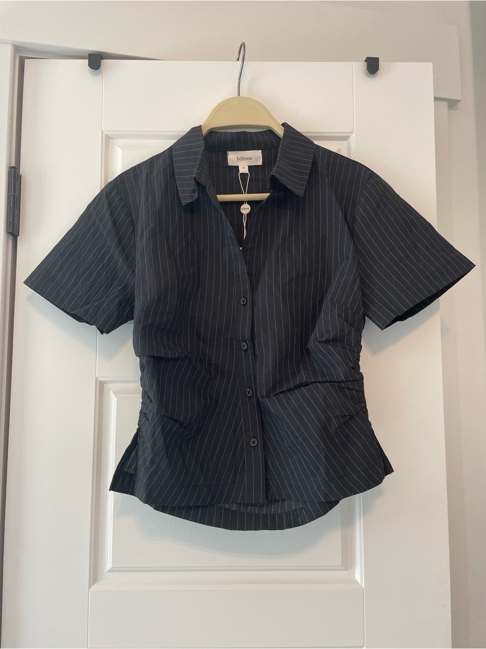 bohme Black Pinstripe Short Sleeve Button-Front Blouse